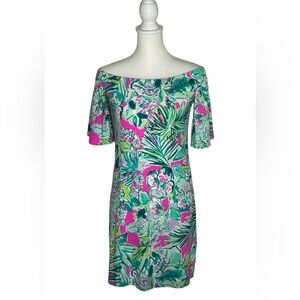 Lilly Pulitzer Fawcett Off the Shoulder Dress EUC Sz S Multi Early Bloomer Print